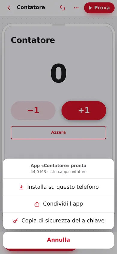 App Contatore pronta: installa su questo telefono, condividi l'app, copia di sicurezza della chiave
