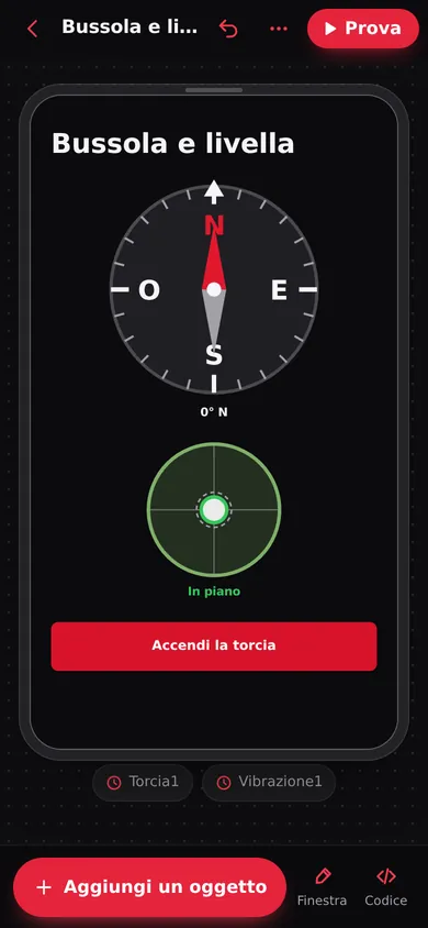 Il disegnatore di finestre con l'app Bussola e livella: bussola, livella a bolla e pulsante della torcia