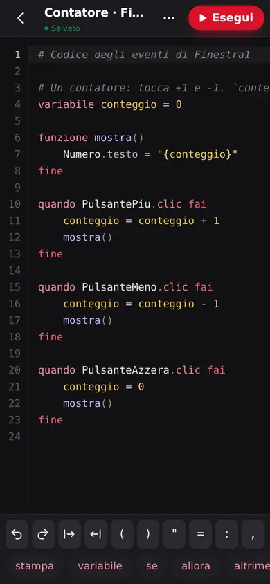 L'editor dell'app con il codice del Contatore colorato e la tastiera con simboli e parole di Leo