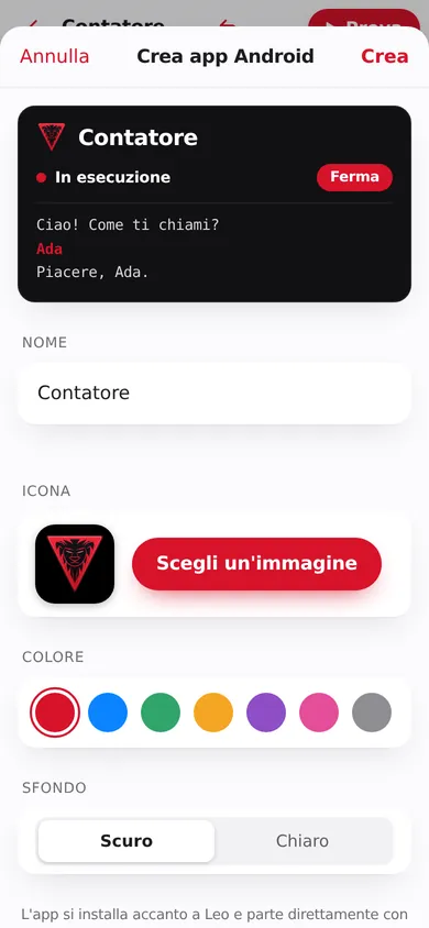 Crea app Android: nome, icona, colore e sfondo, con l'anteprima