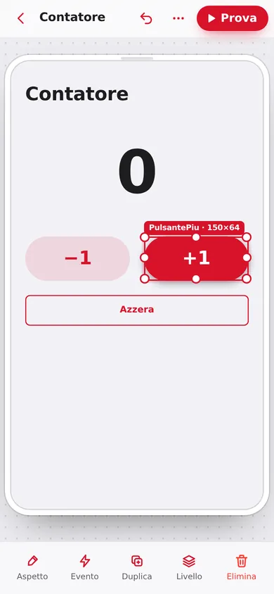 Il disegnatore: il pulsante +1 selezionato con le maniglie per spostarlo e ridimensionarlo