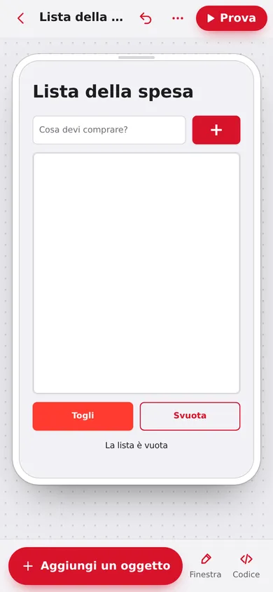 La Lista della spesa nel disegnatore, in tema chiaro: casella, pulsante più, elenco e pulsanti Togli e Svuota