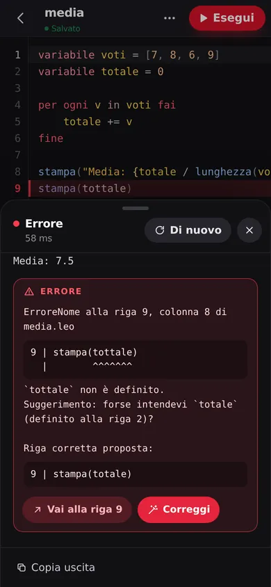 Un errore spiegato in italiano: tottale non è definito, forse intendevi totale, con la riga corretta proposta e il pulsante Correggi