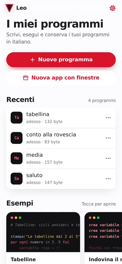 La schermata iniziale dell'app Leo: I miei programmi, Nuovo programma e Nuova app con finestre