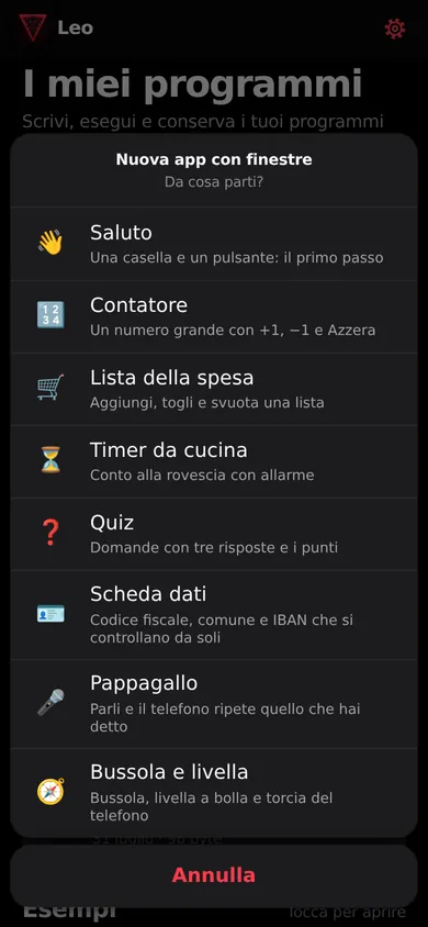 Nuova app con finestre: i modelli Saluto, Contatore, Lista della spesa, Timer da cucina, Quiz, Scheda dati, Pappagallo e Bussola e livella