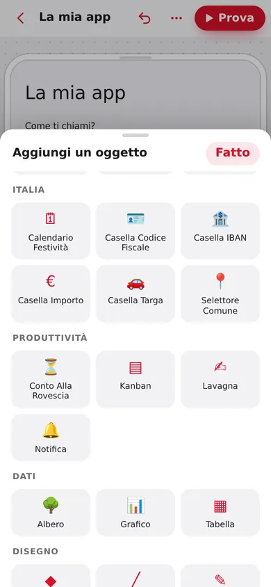Aggiungi un oggetto, schede Italia e Produttività: calendario delle festività, codice fiscale, IBAN, importo, targa, comune, conto alla rovescia, Kanban, lavagna, notifica