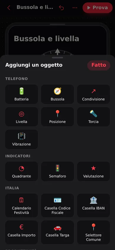 Aggiungi un oggetto, scheda Telefono: Batteria, Bussola, Condivisione, Livella, Posizione, Torcia, Vibrazione
