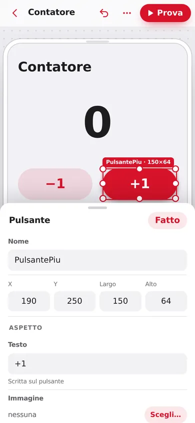 Le proprietà del pulsante: nome, posizione, dimensioni, testo e immagine