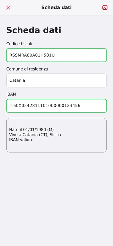 Il modello Scheda dati: codice fiscale, comune di Catania e IBAN controllati, con data di nascita e comune ricavati dal codice fiscale