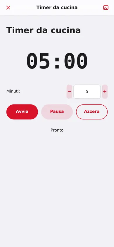Il Timer da cucina: 5 minuti, pulsanti Avvia, Pausa, Azzera